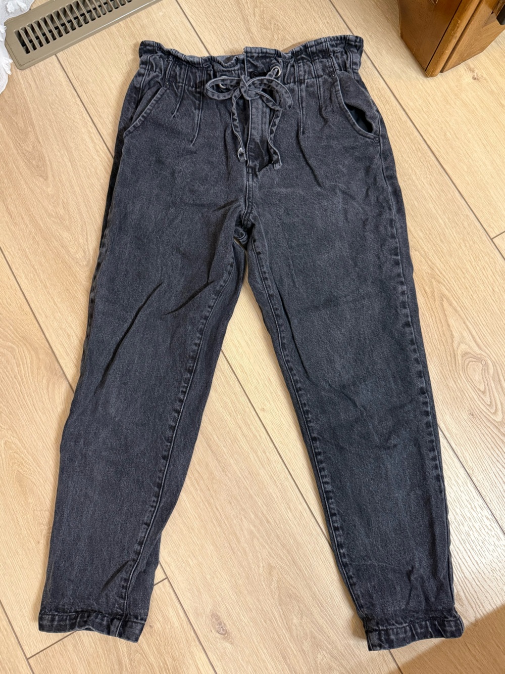 Kancan Faded Black Straight Leg Denim Paper Bag Waist Pants - M/L Short